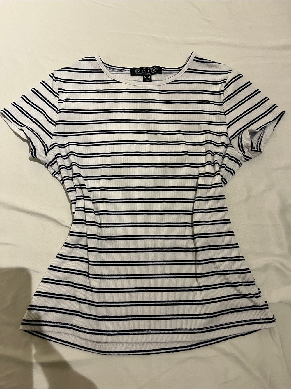 Honey Punch White and Blue Striped Short Sleeve Tee